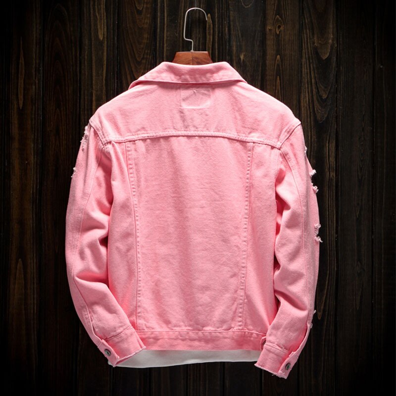 Chaquetas vaqueras rosadas para hombre, abrigos de mezclilla, nuevas chaquetas vaqueras para primavera y otoño, Jena con agujeros para hombre, Chaquetas vaqueras ajustadas para hombre, tallas 3XL