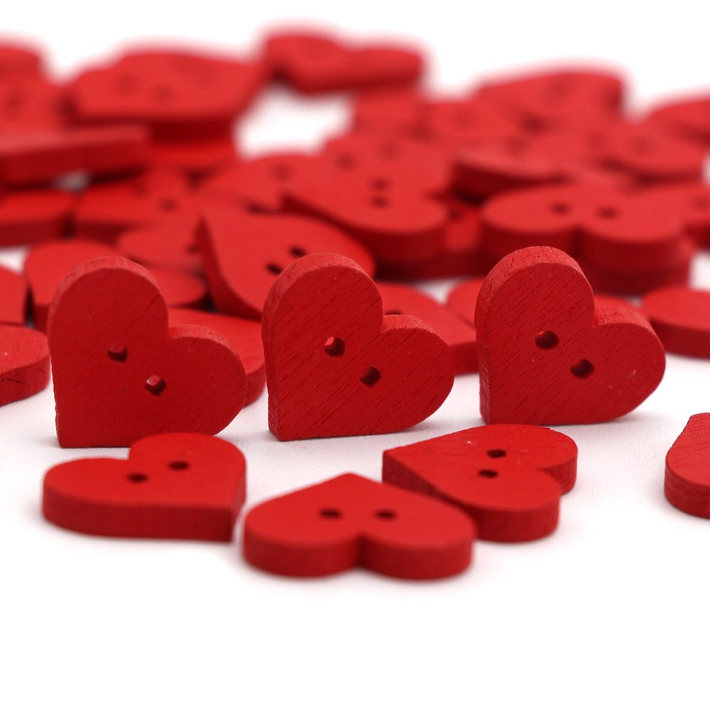 50Pcs Red Heart Decorative Button 2-Holes Wooden Buttons for Clothing Love Craft Supplies DIY Bags Sewing and Needlework 15x13mm