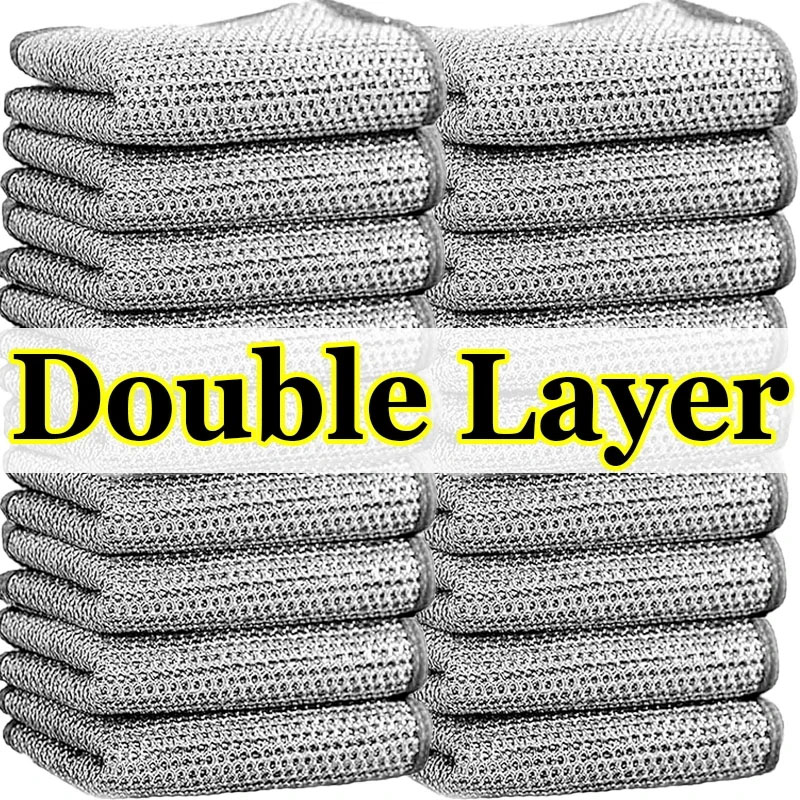 Paños de limpieza de alambre de acero, doble capa, Metal mágico, cables plateados, trapos, paño de cocina para el hogar, paño de lavado, toallas, Herramientas de limpieza: Rojo / 15 ud