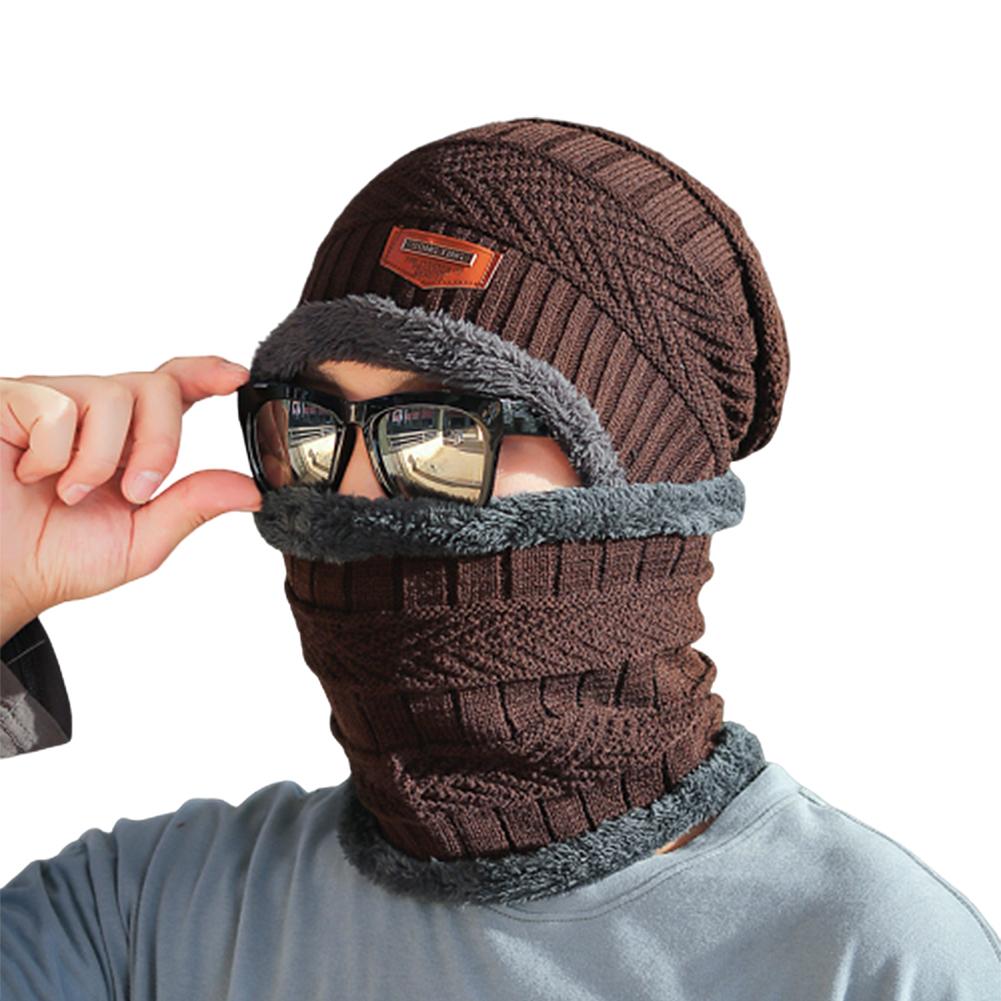 Winddichte gebreide muts/sjaalset voor heren in de winter, warme, dikke fleece muts/sjaalset, effen gebreide skimuts/ringsjaal: Khaki