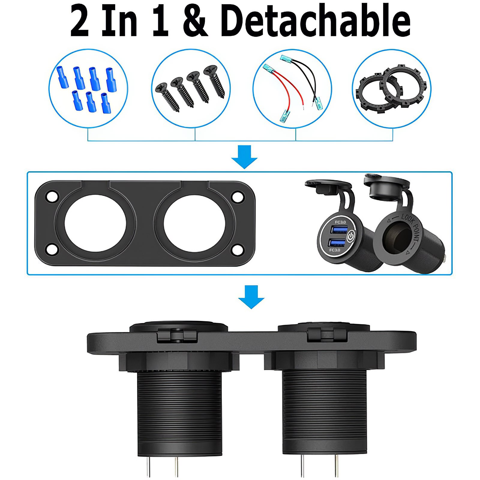 Onever 12V Cigarette Lighter Socket Waterproof Dual Usb Socket Panel Power Socket Led Display QC3.0 Fast Charger Socket