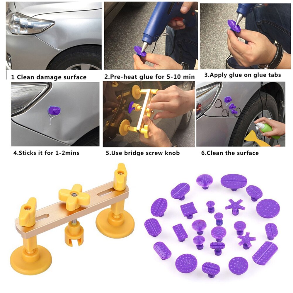Auto deuk reparatie gereedschap gele brug trekker set handgereedschap set met 24 stuks lijmtabs auto carrosserie zonder spuiten deuk verwijderings gereedschap