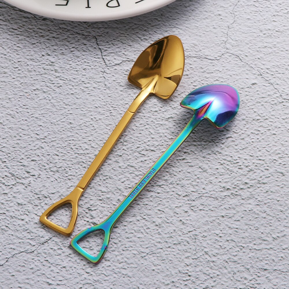 Shovel Shape Spoon Fork Long Handle Multi-color Soup Coffee Ice Cream Tea Spoon Stainless Steel 12.2*2.2cm For Home Kitchen Kids