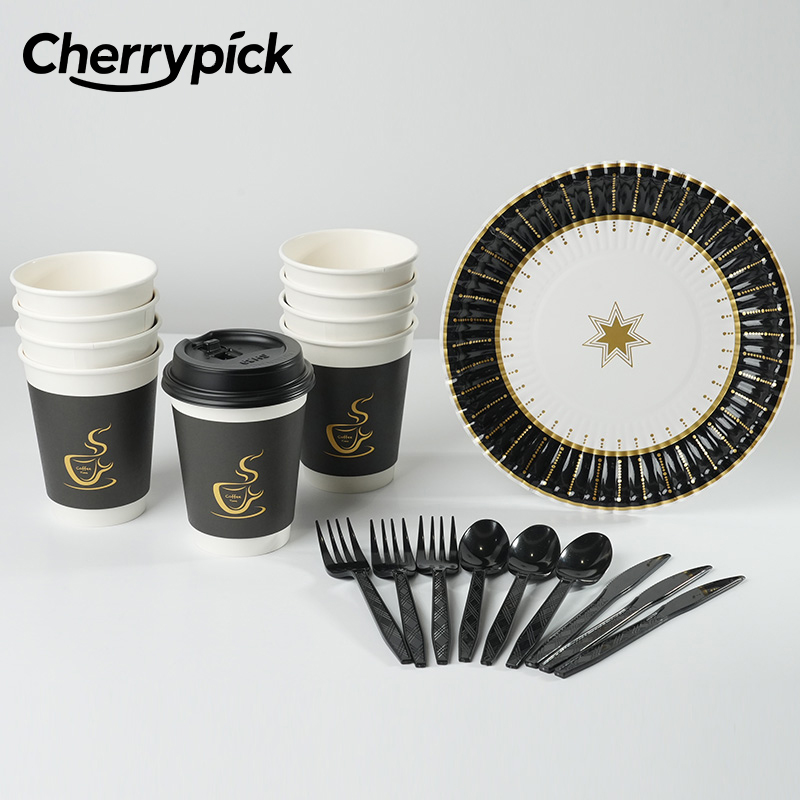 10pcs Black Gold Disposable Tableware Paper Plates Cup Black Forks Spoons Knifes Dinner Plates Birthday Wedding Party Tableware