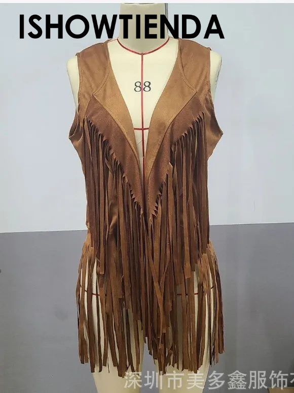 Women Faux Suede Vest Ethnic Sleeveless For Jacket Fringe Tassels Hippie Open Front Cardigan Vintage Waistcoat Vest Cardigan
