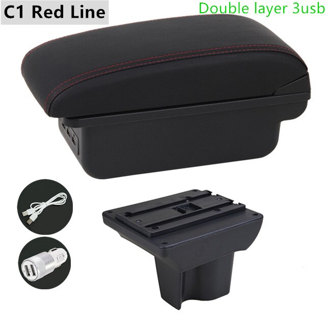 Auto Armleuning Box voor Toyota Rush - ABS Leer Opbergunit met USB & LED - Interieur Accessoire: E1 Rode Lijn