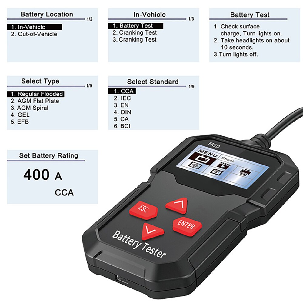 100 to 2000CCA Cranking Car Battery Tester KW210 Automatic Smart 12V Car Battery Tester Auto Battery Analyzer