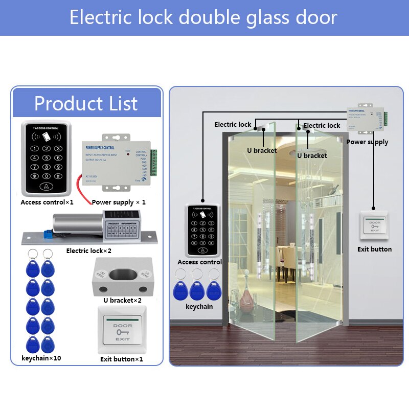 Door Access Control System Kit RFID Access Control Keypad + Power Supply + Electric Magnetic Lock Bolt Strike Locks + 10pcs Keys: Kit3