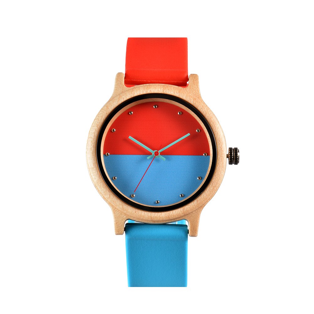 Criativo dois-cor costura relógio de madeira para homem feminino moda doce cor silicone relógio de pulso senhoras quartzo relojes hombre: red blue