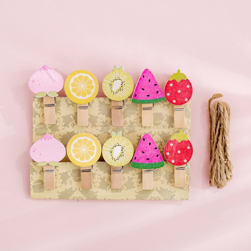 10pcs Sweet Girl wood clips with rope Photo Wall Decoration clips Kitchen sealing clip wood pegs Hanging Leave Message: Fruit
