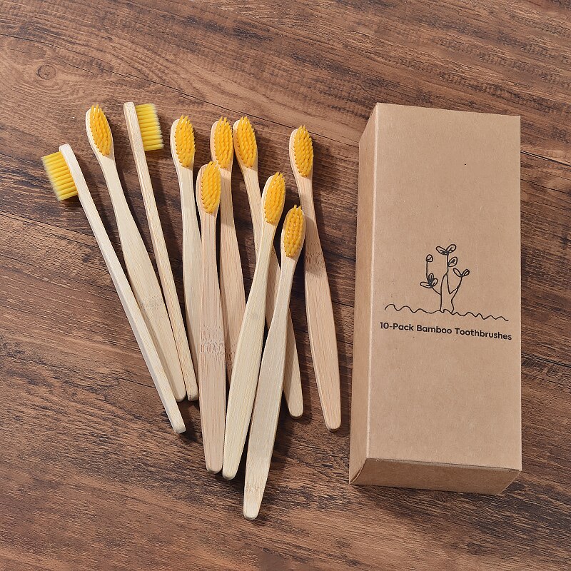 10Pcs Gemengde Kleur Bamboe Tandenborstel Eco Vriendelijke Houten Tandenborstel Zachte Haren Tip Houtskool Volwassenen Oral Care Tandenborstel: yellow