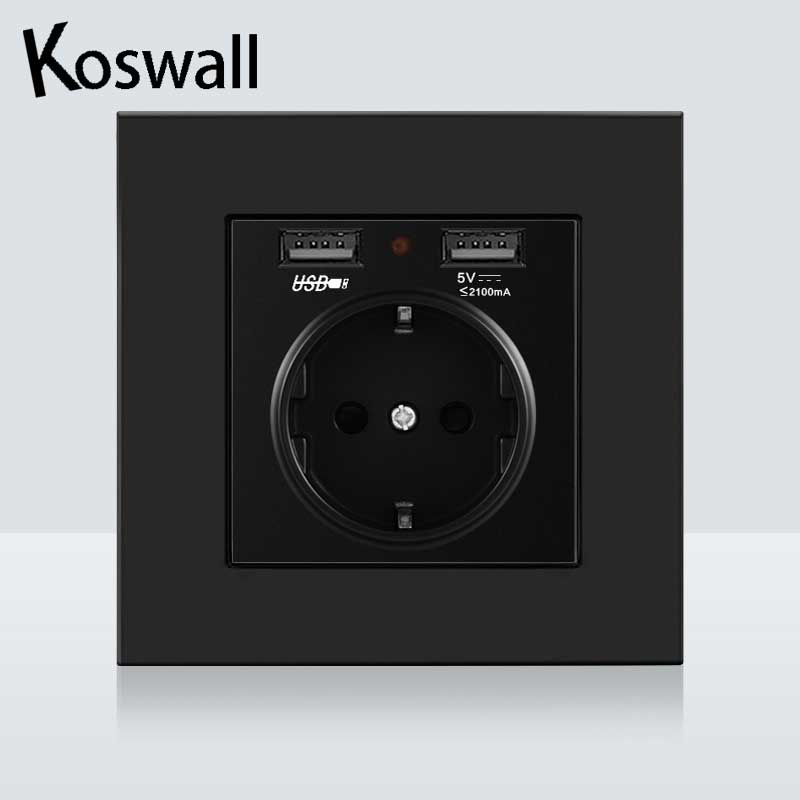 Dual USB Charging Port 16A Wall EU Russia Socket Power Outlet Glass Panel PC Panel Black Color: PC panel socket