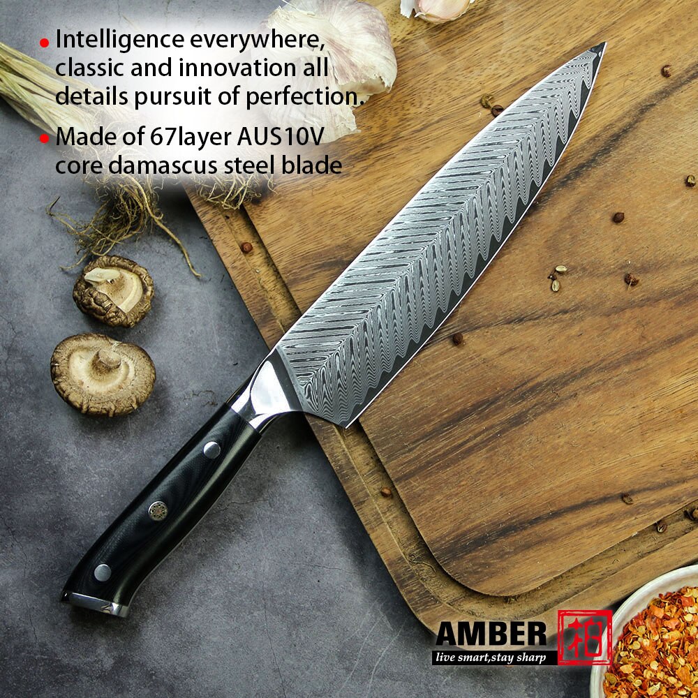 AMBER AUS-10 Black G10 Handle Ladder Pattern Damascus Knife 67 layers Damascus Steel 8 inch Kitchen Chef Knife: DMS-B056E Chef