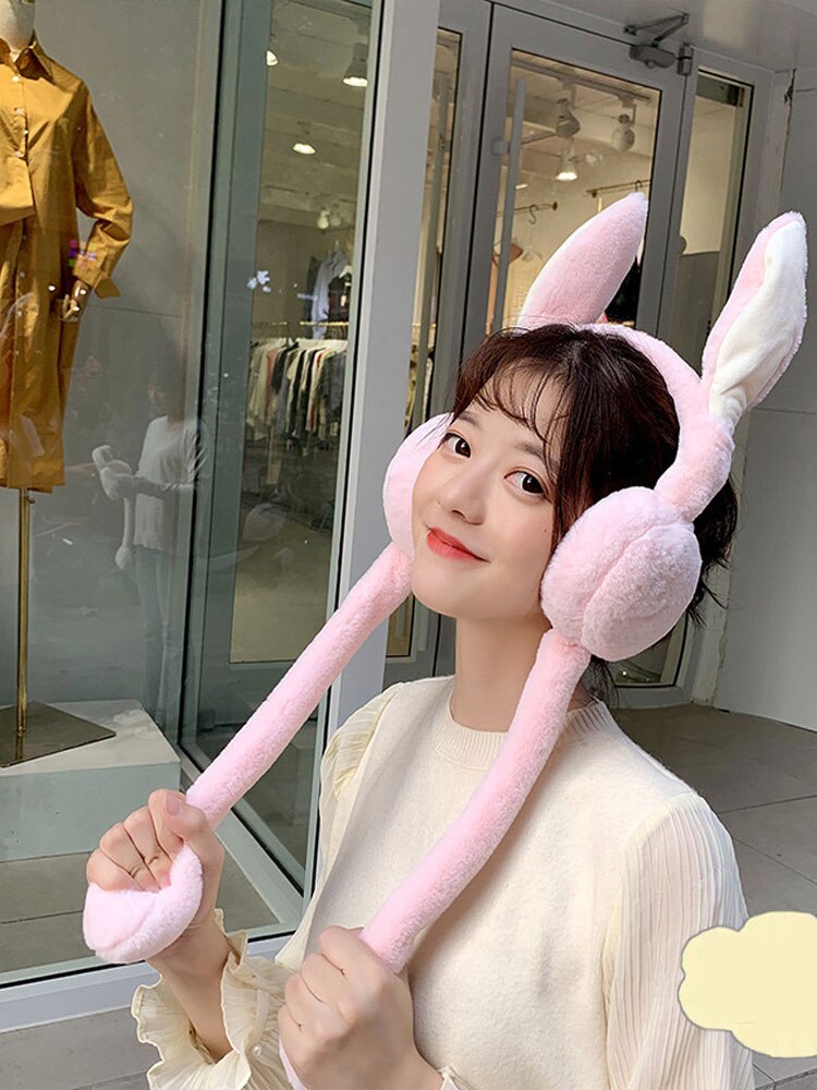 Protège-oreilles mobiles pliables avec oreille de lapin en hiver coupe-vent pour filles, protège-oreilles en peluche tricoté, oreilles de lapin poilu: Plush pink