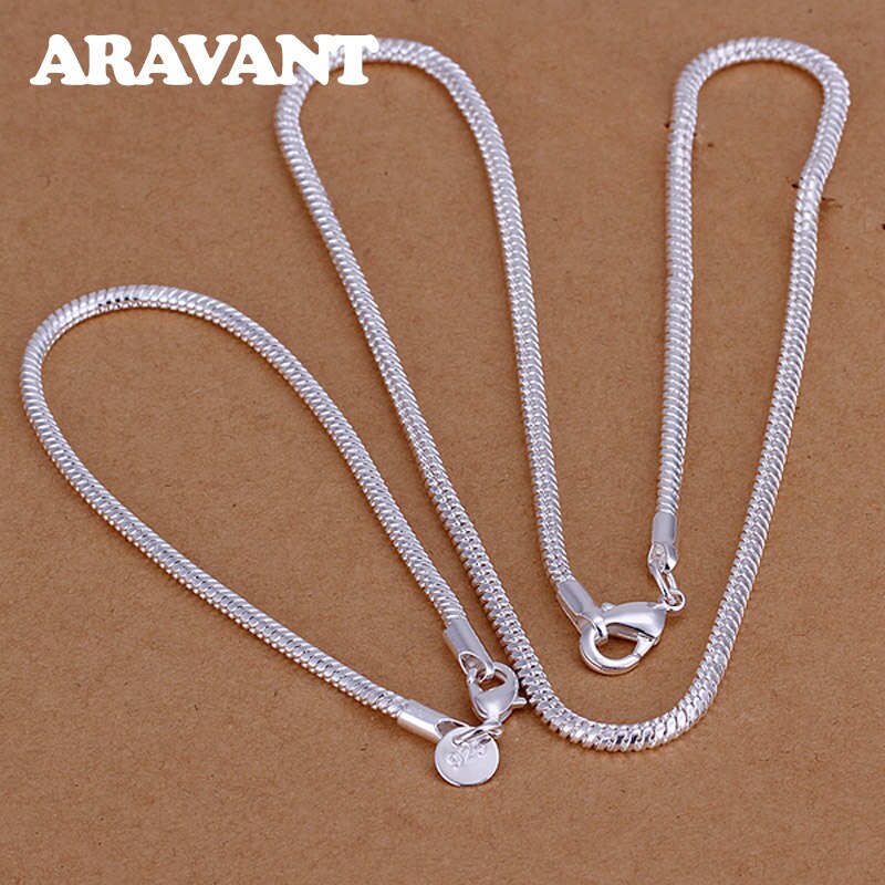 925 Zilver Eenvoudige 3 Mm Snake Kettingen Kettingen Armbanden Sieraden Set Voor Vrouwen