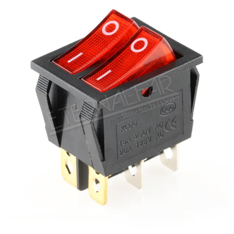 KCD6 16A 250V AC Rocker Schalter Stiefel Schalter 6Stifte Mit Lampe AUF-aus rot sterben Elektrische Grill grün Elektrische Heizung Doppel Schiff Typ: KCD6-rot-6J4D / 2Stücke -viel