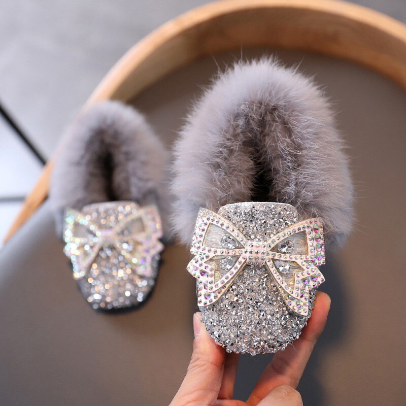 Herfst Winter Meisjes Schoenen Warme Katoen Pluche Fluffy Fur Kids Loafers Met Rhinestone Bow-Gebonden Wollen Flats Kinderen Loafer43