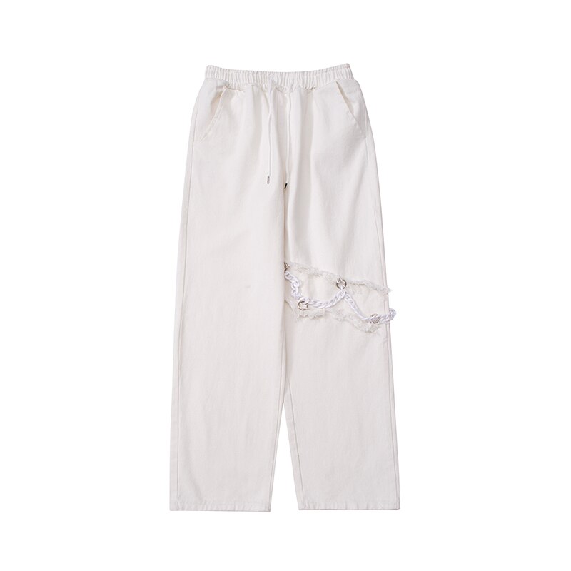 Harajuku Streetwear – pantalon Cargo décontracté avec chaîne au genou pour homme et femme, ample avec cordon de serrage: WHITE / AsianM