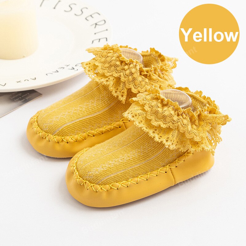 Sokken Meisje Kant Ruche Sokken Met Rubberen Zolen Voor Peuters Rubberen Zool Sokken Prinses Baby Sok Schoen slipper: yellow / Insole 11.5cm