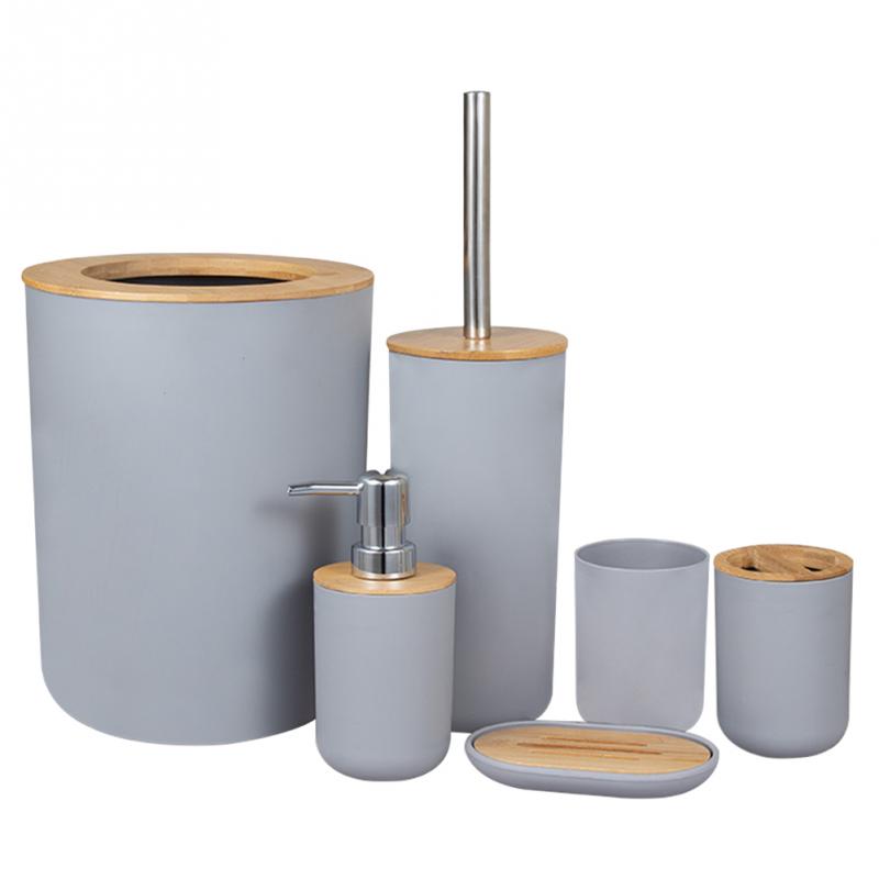 6 stk / sæt bambus badeværelsessæt toiletbørsteholder tandbørste glaskop sæbedispenser sæbeskål badeværelse tilbehør: Grå