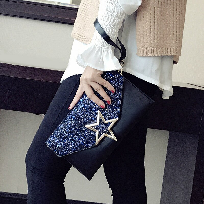 mixtx Women Envelope Clutch Bag Sequin Star Banquet Bag Patchwork Crossbody Wristband Bag Female Messenger Handbags: black and blue