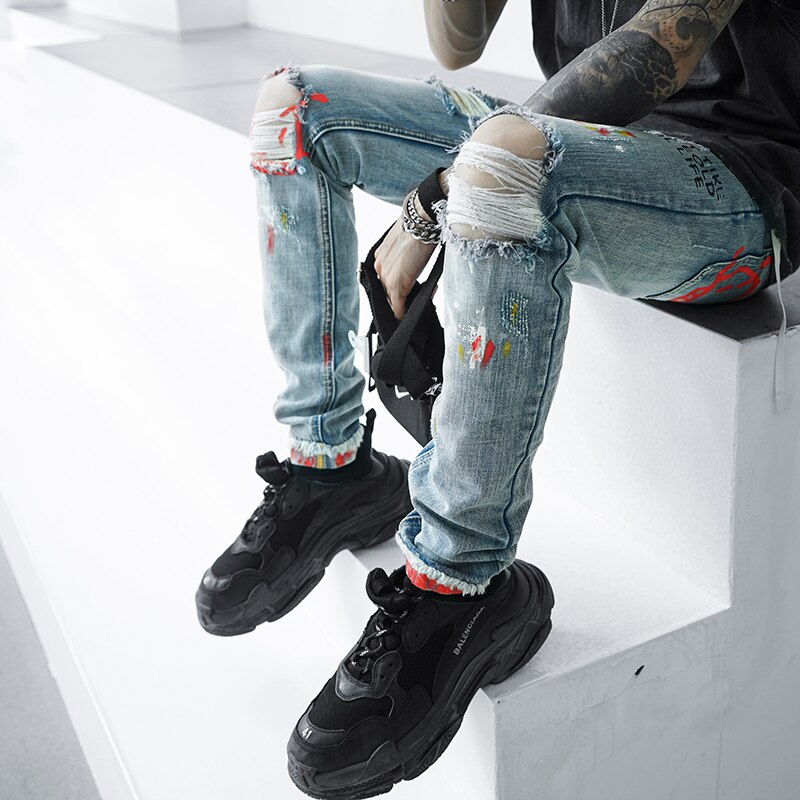 3XL Plus Size Heren Broek Brief Afdrukken Gat Slanke Jeans Broek Streetwear Hip Hop Ripped Jeans Voor Mannen Verontruste Denim broek
