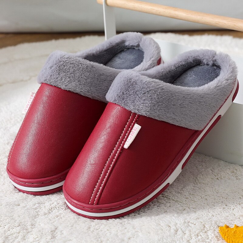 Men's Slippers Home Winter Plush Waterproof Leather Warm Shoes Thick Bottom House Slipper Man Indoor Cotton Slippers Women Shoes: A-3 / 38-39