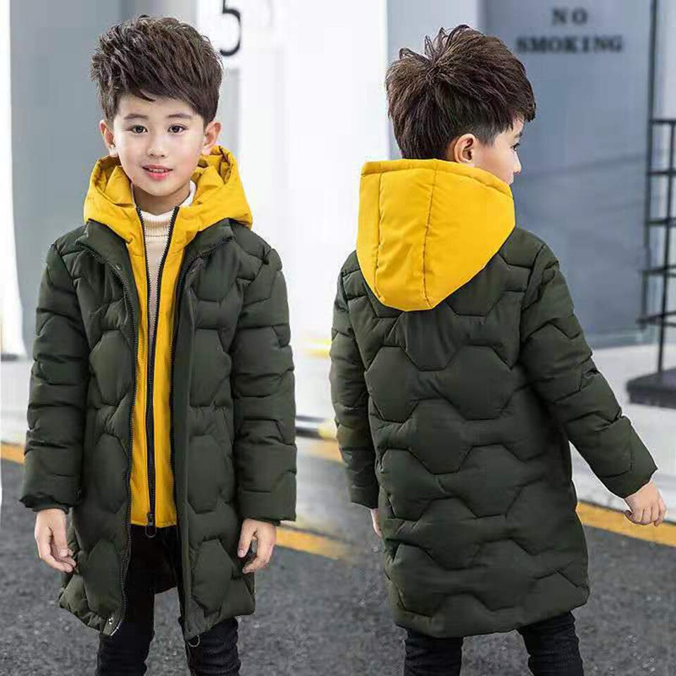 Voor 6 8 10 12 13 Jr Effen Kleur Tiener Jongens Rits Jassen Winter Parka Geel Kleur Hooded Casual warm Jongens Bovenkleding