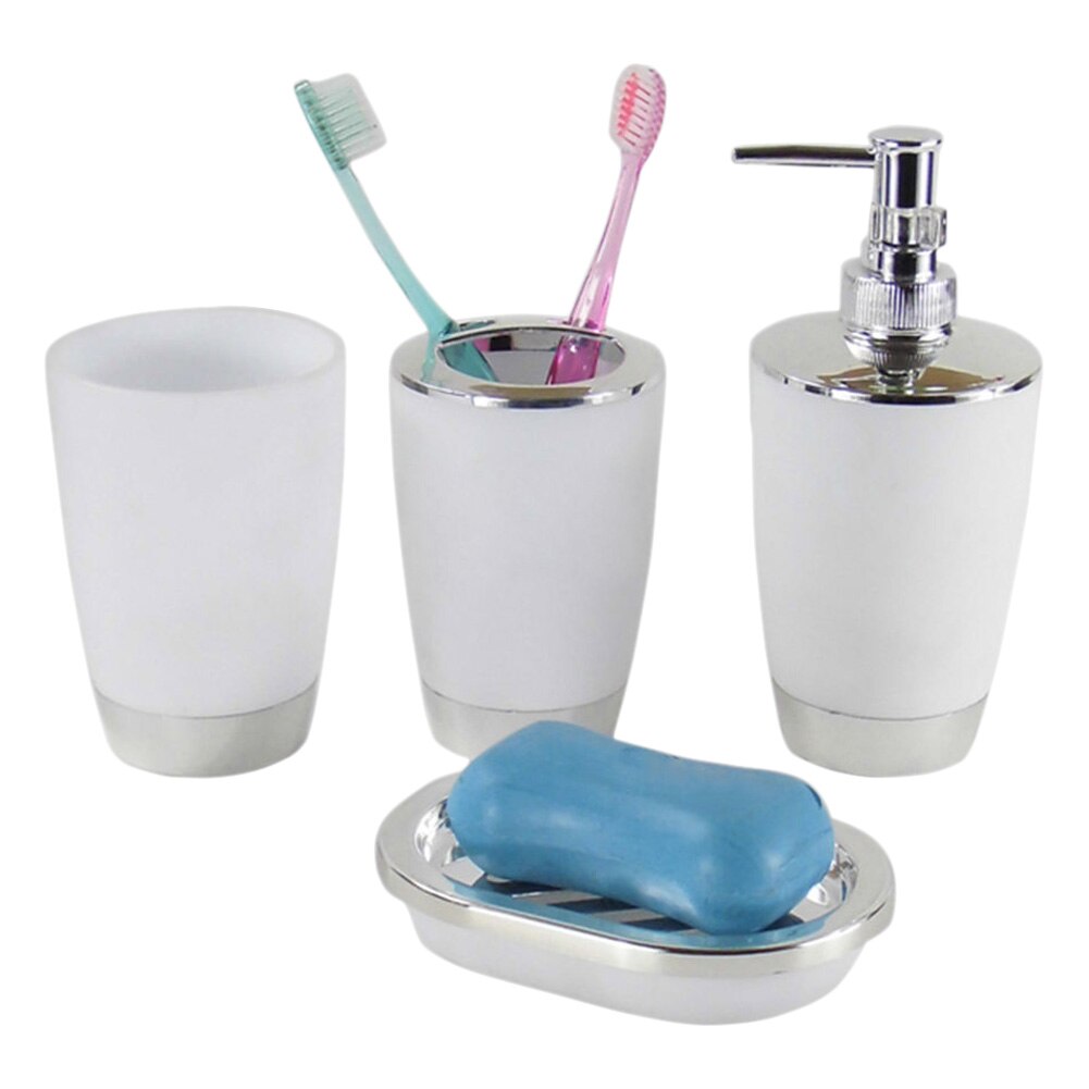 4 stk / sæt badedragt plast shampoo tryk flaske vask gurgle kop tandbørsteholder sæbe bad tilbehør til hjem hotel: Hvid