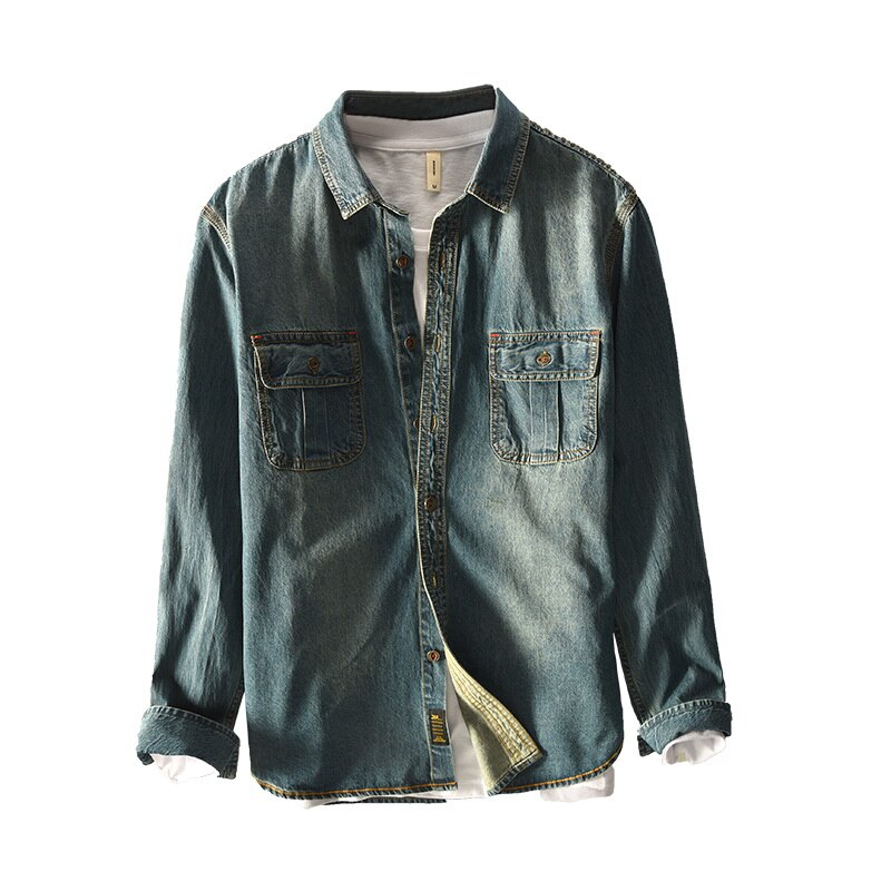 brand long-sleeved denim shirt men spring and autumn shirt mens cotton turn-down collar denim blue shirts male chemise