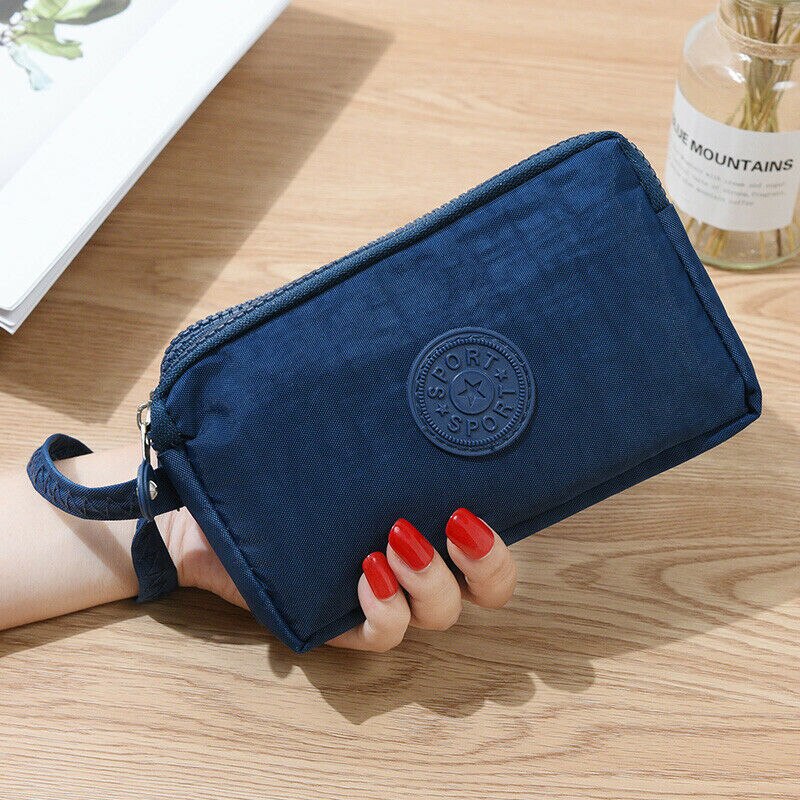 Womens Mini Phone Bag Short Wallet Three-Layer Zipper Purse Coin Purse: Navy Blue