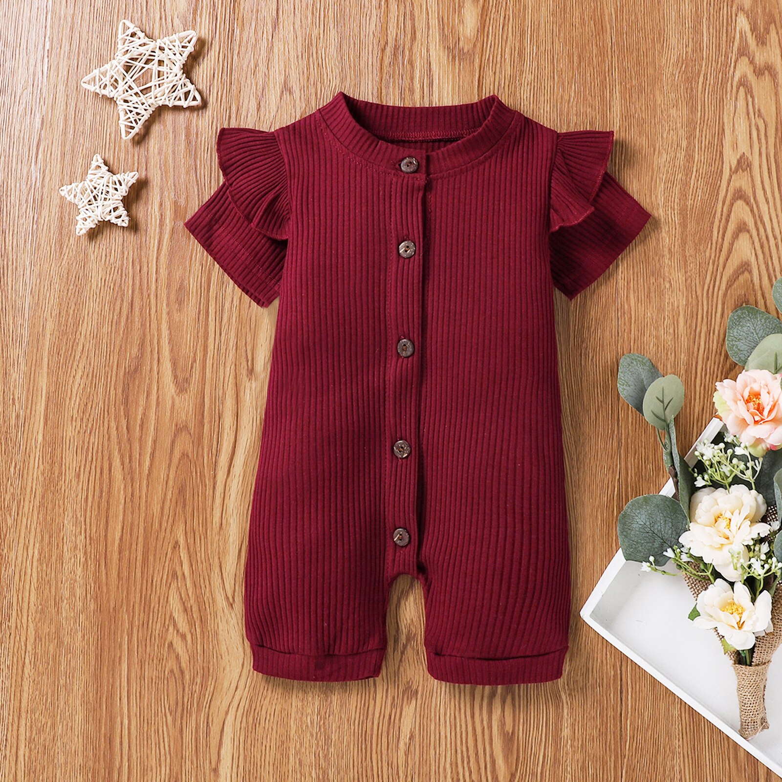 Combinaisons d'été pour tout-petits, barboteuses côtelées à manches courtes et col rond de couleur unie pour bébés filles de 0 à 18 mois