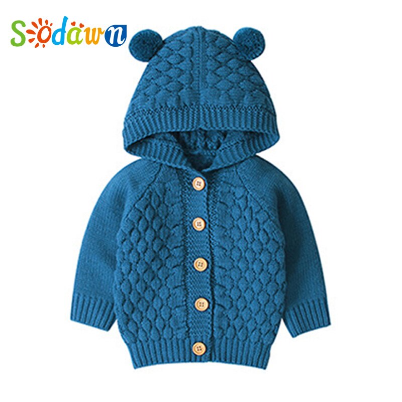Sodawn Baby Boy Knit Cardigan Winter Warm Baby Sweater Long Sleeve Hooded Coat Jacket Children Clothing Outfits: BN1574 blue / 12M