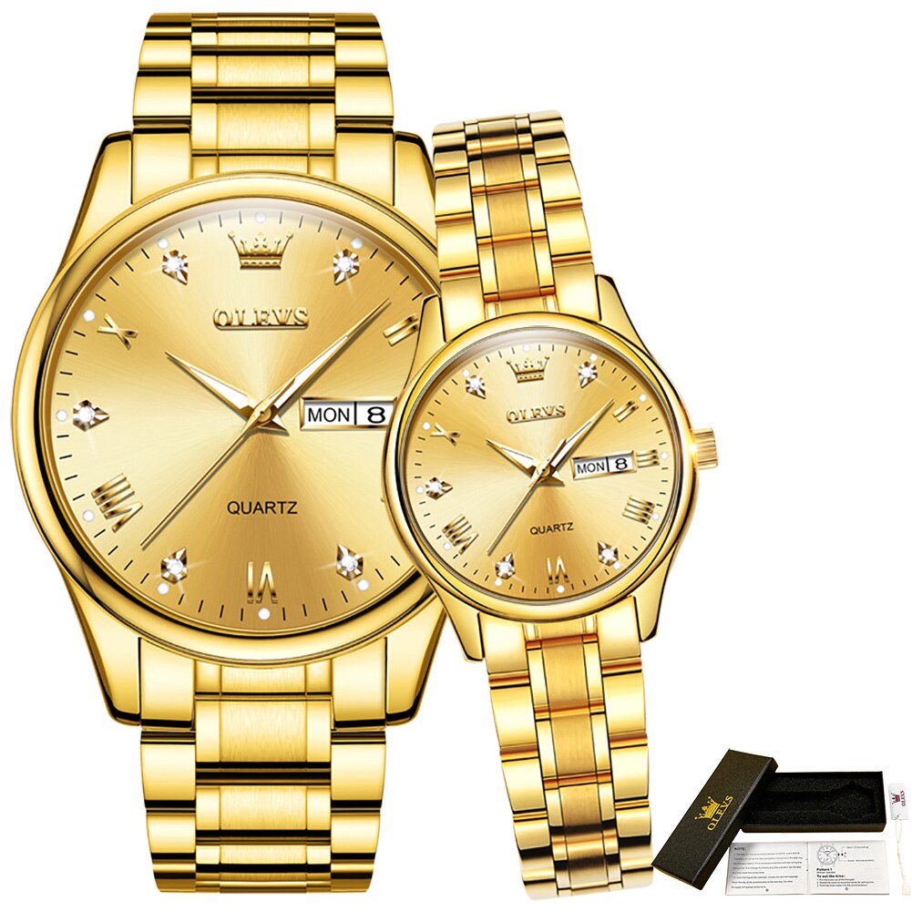 Olevs Waterdichte Gouden Diamanten Ingelegde Grote Horloge Voor Paar Quartz Roestvrij Stalen Band Paar Horloge: NO.3