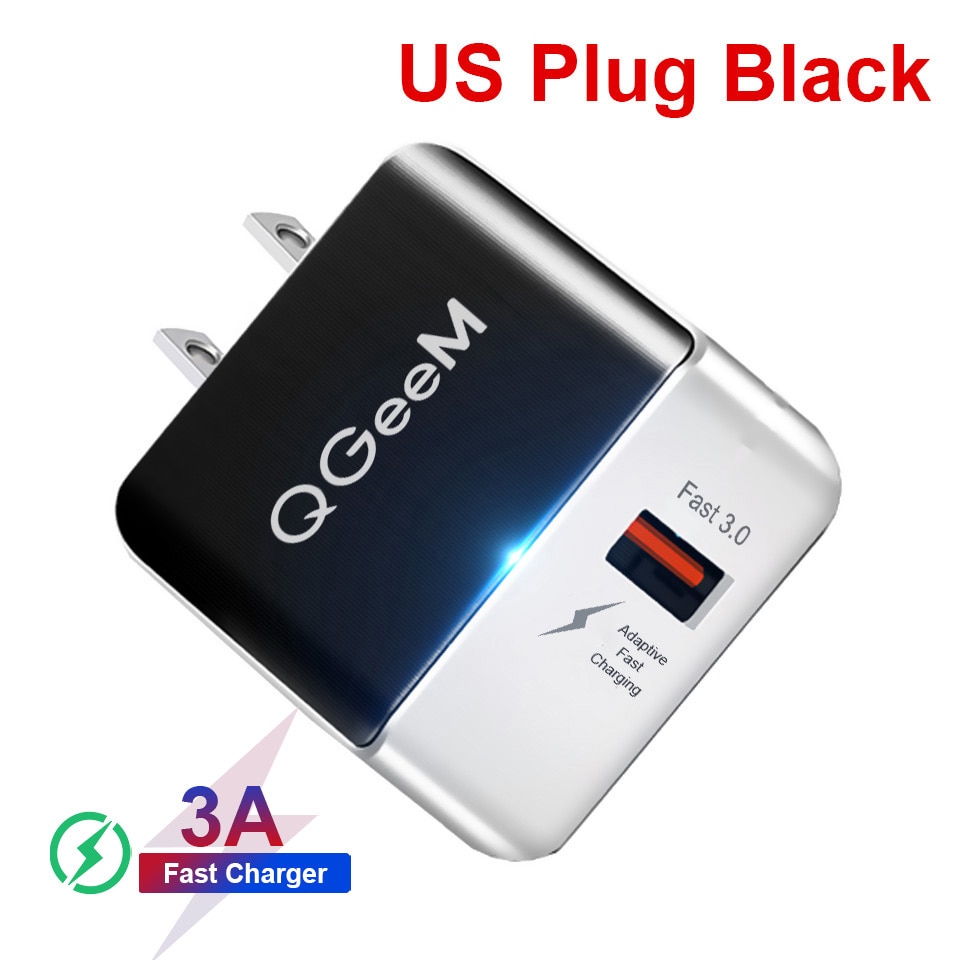 QGEEM-cargador USB QC 3,0, adaptador de carga rápida 3,0, dibujo de fibra, para iPhone, Xiaomi Mi9, UE, EE. UU.: US Nobel Black