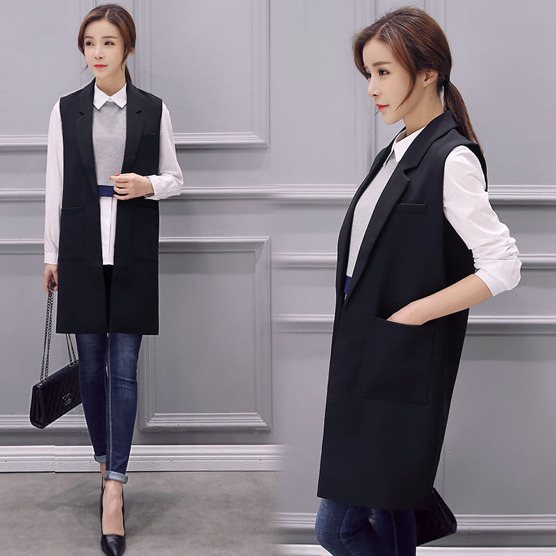 Novedad , chaleco para mujer, chaqueta de otoño, chaleco de , bolsillos, puntada abierta, sin mangas, cuello vuelto, chaleco largo Formal A187