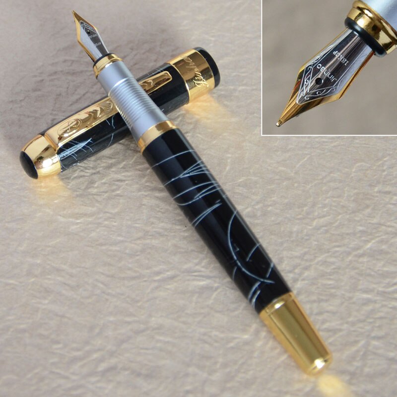 FOUNTAIN PEN 18KGP MEDIUM NIB JINHAO 250 BLACK WITH WIHITE STRIPS GOLDEN TRIM