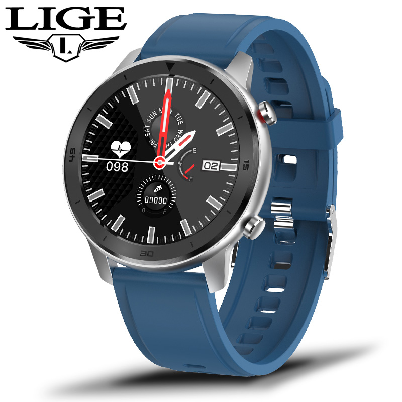 LIGE IP68 étanche montre intelligente hommes fréquence cardiaque surveillance de la pression artérielle plein écran tactile contrôle de la musique Sport Smartwatch: Silver blue