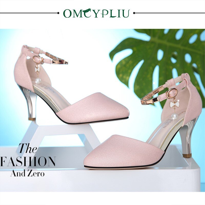 Sandaler kvinne sommer kvinner sko ankelstropp rosa plus size høye hæler dame spisse sexy sko sandalias mujer