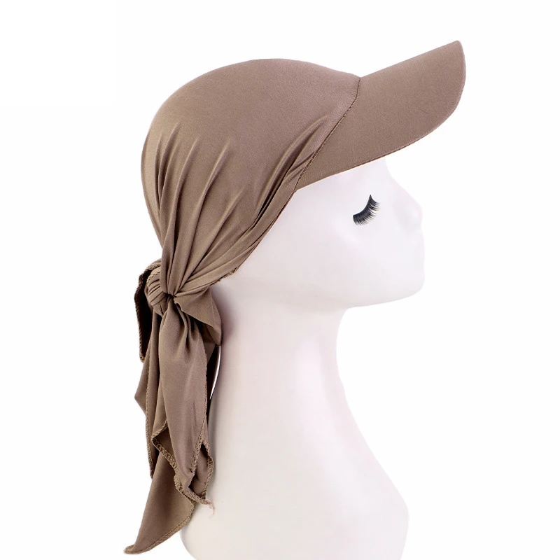 Gorra de ala ancha de verano para mujer, visera para el sol con turbante preatado, gorros Hijab, pañuelo para la cabeza, pañuelos a prueba de viento, sombrero para el sol al aire libre de Color sólido: Oscuro de jengibre