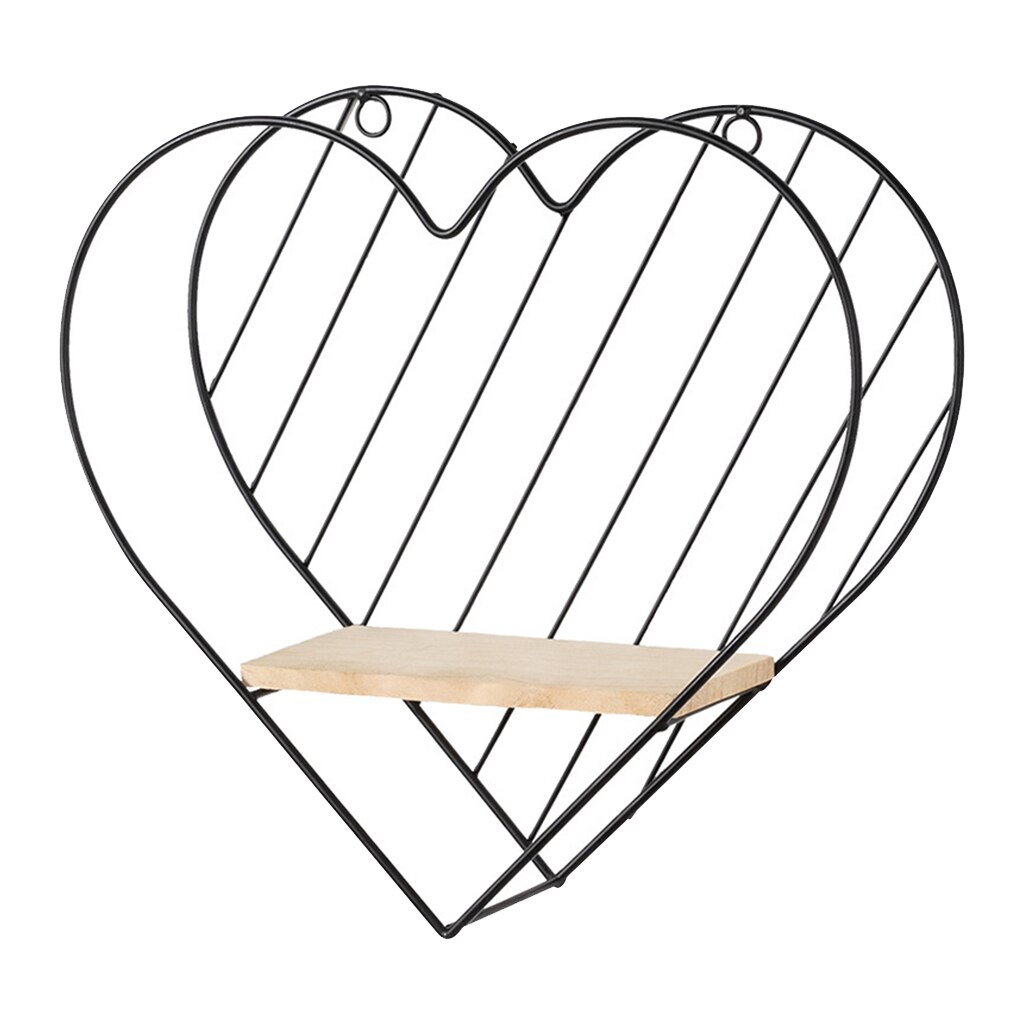 Modern Iron Wire Floating Shelves, Geometric Wall Shelves Decorative Wood and Metal Hanging Shelf Rustic Farmhouse Decor: Black Heart Shaped