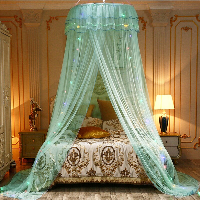 Ceiling-Mounted Mosquito Net Home Dome Foldable Bed Canopy Princess Tent Bed Curtain Twin Full Queen: green / without light
