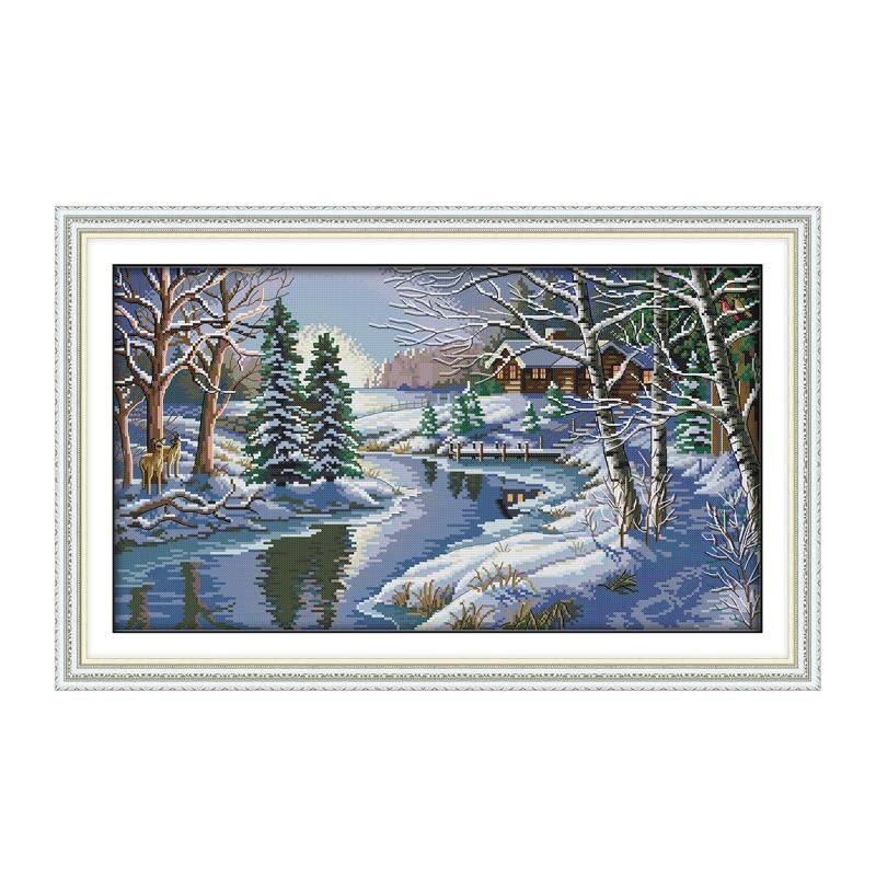 Kruissteek Kit, Winter Sneeuw Landschap Water Riverside Huisjes Mooie Landschap Diy Handgemaakte Borduurwerk Schilderijen