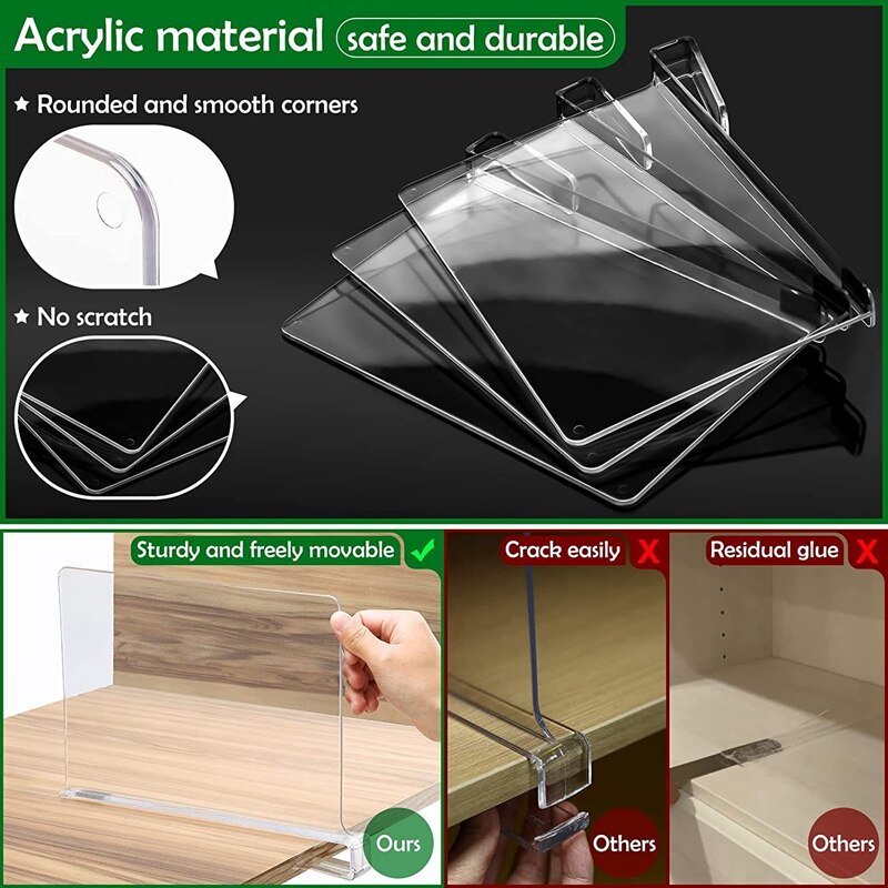 Divisori per ripiani in acrilico, divisori per ripiani trasparenti per armadi per separatori di borse per vestiti, Organizer per mensole per telecamera da letto