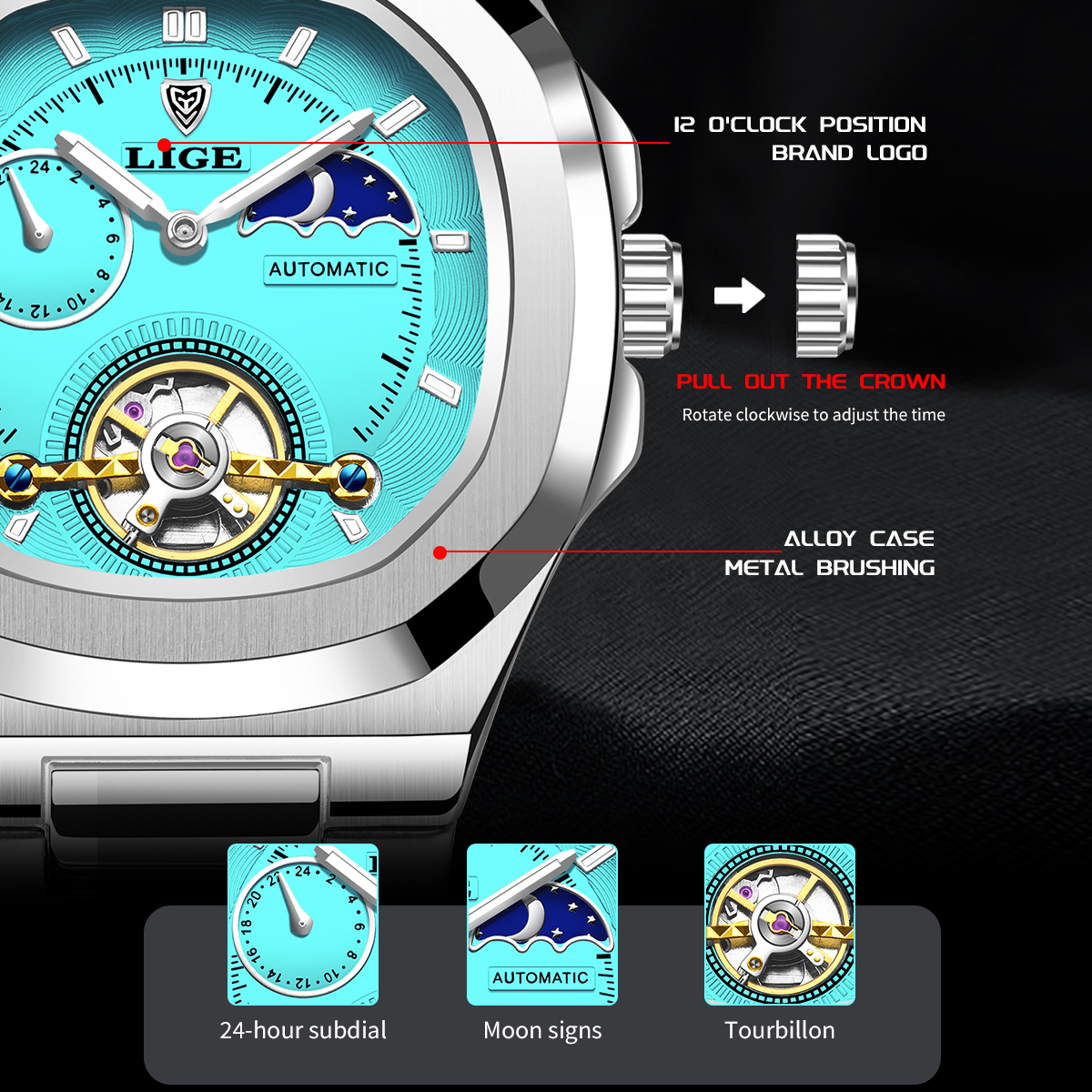 Reloj LIGE Tourbillon de doble segundo, reloj mecánico de 24 horas, reloj auténtico de acero inoxidable para hombre, reloj resistente al agua con brillo nocturno para hombre