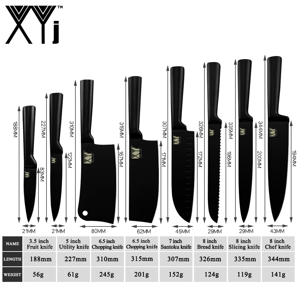 XYj 8pcs Stainless Steel Kitchen Knives Set Nonstick Black Blade Chef