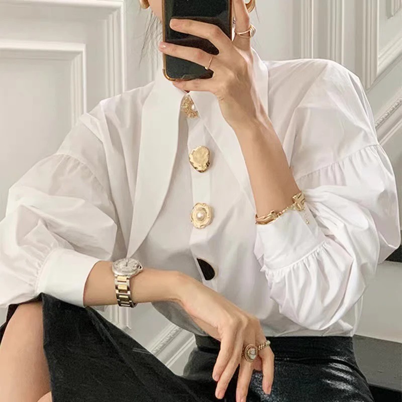 Weiße Elegante Perle Frauen Hemden Koreanische Scharf Ecke Kragen verlieren Lange Hülse Damen Bluse Y2k Neue schick Weibliche Spitzen