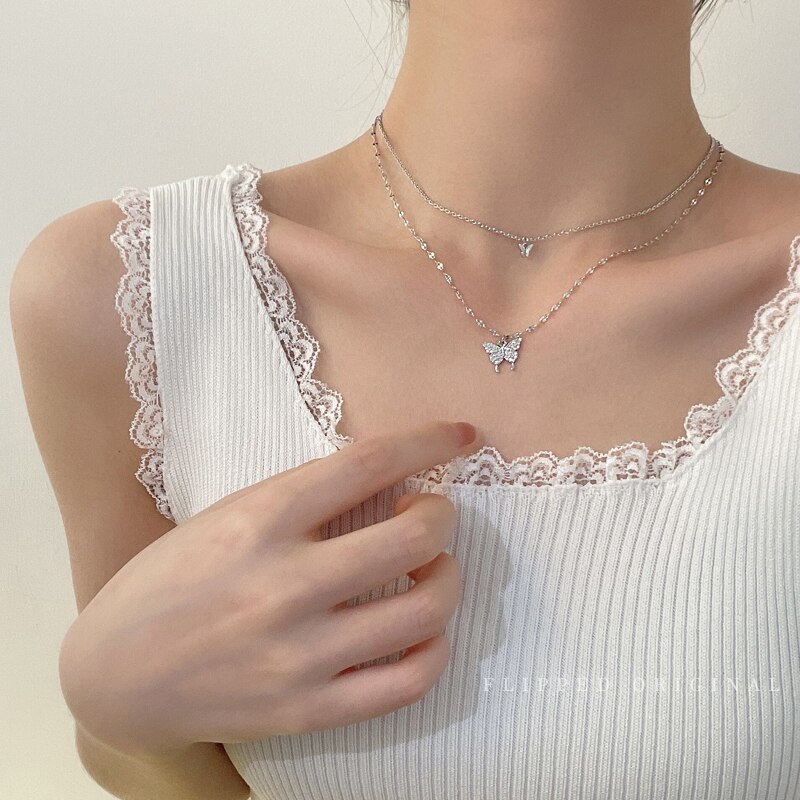 Dainty Zirconia Vlinder Hanger Ketting Voor Vrouwen Punk Zilver Kleur Gelaagde Keten Koreaanse Leuke Choker Mode-sieraden: 1.butterfly