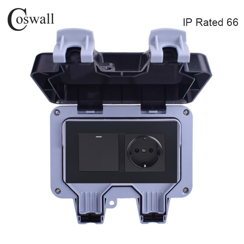 Coswall IP66 Weatherproof Waterproof Outdoor Wall Power Socket 16A EU Standard Outlet With 1 Gang 1 Way On / Off Light Switch: BOX With socket B