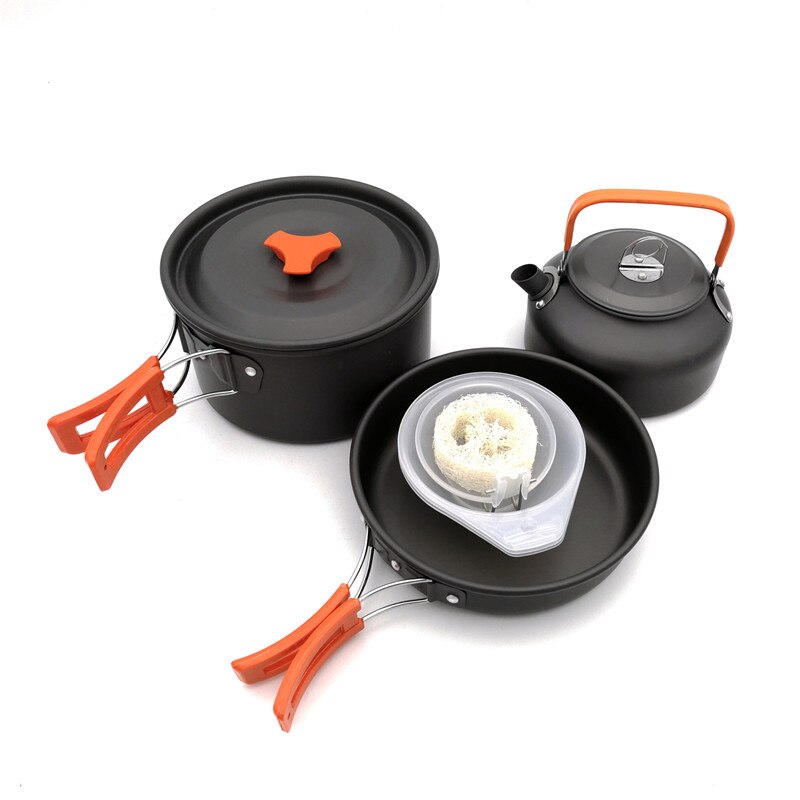 Vilead draagbare kampeerset met pot, pan en waterkoker van aluminiumlegering, servies voor buiten, kookgerei, 3 stuks/set, theepot, kookgereedschap voor picknick en barbecue.: Oranje accessoires